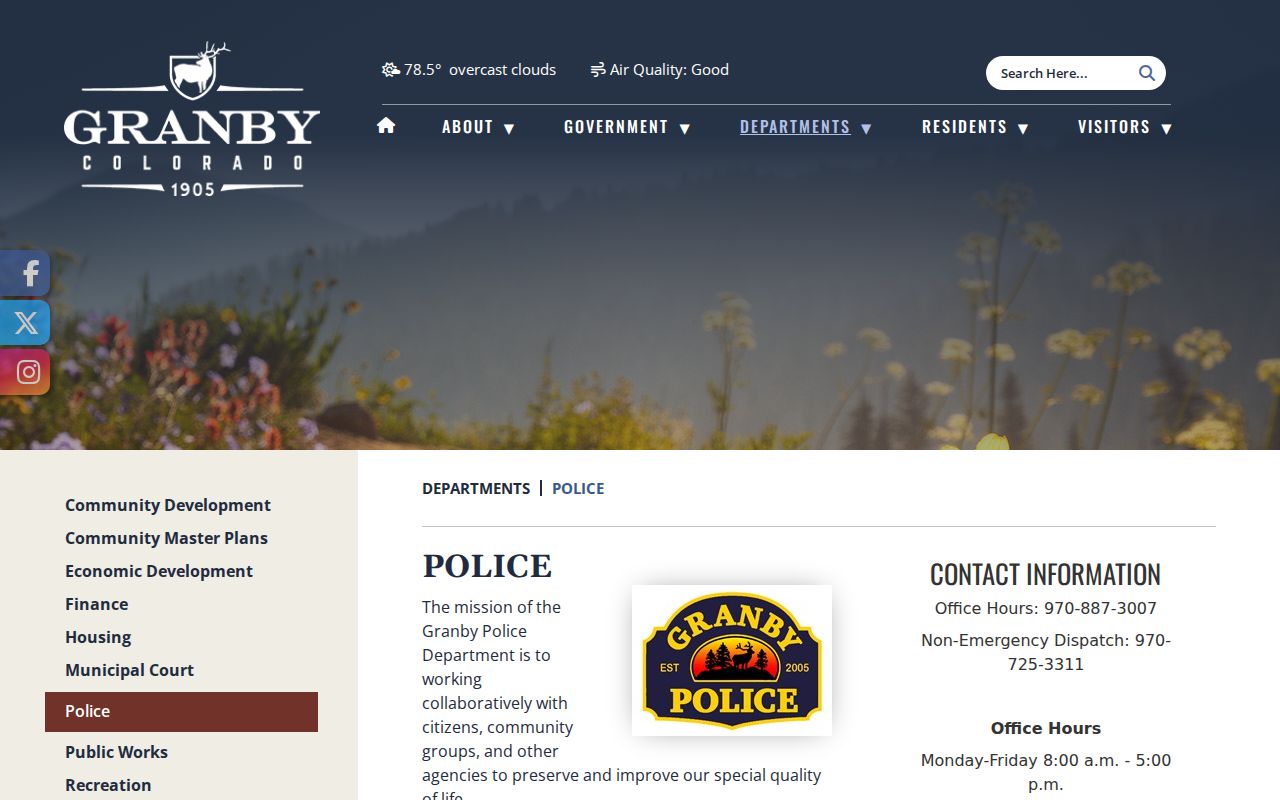 Official Granby Police contact page without a warrant-search form
