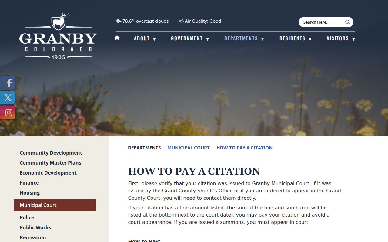 Granby payment page with deadline and failure-to-appear information