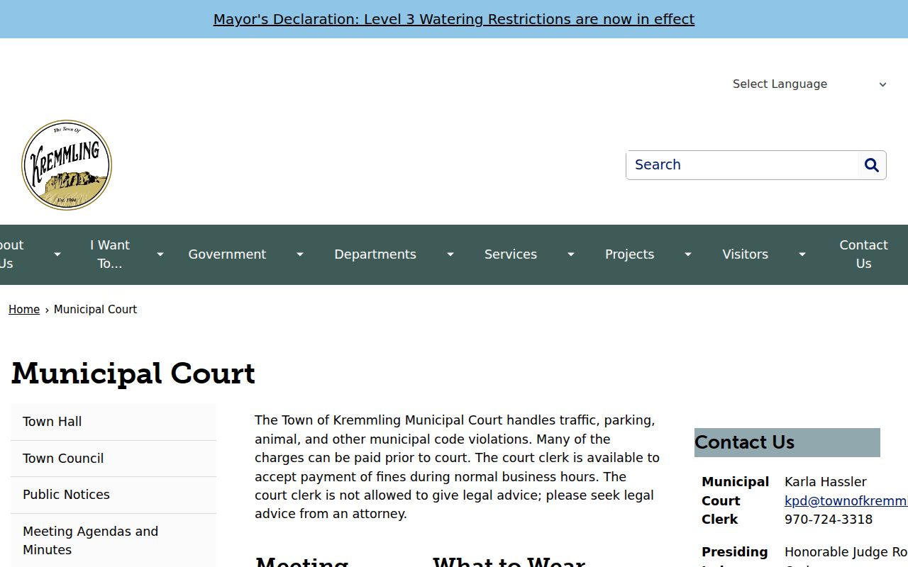 Official Kremmling Municipal Court page with clerk and schedule information