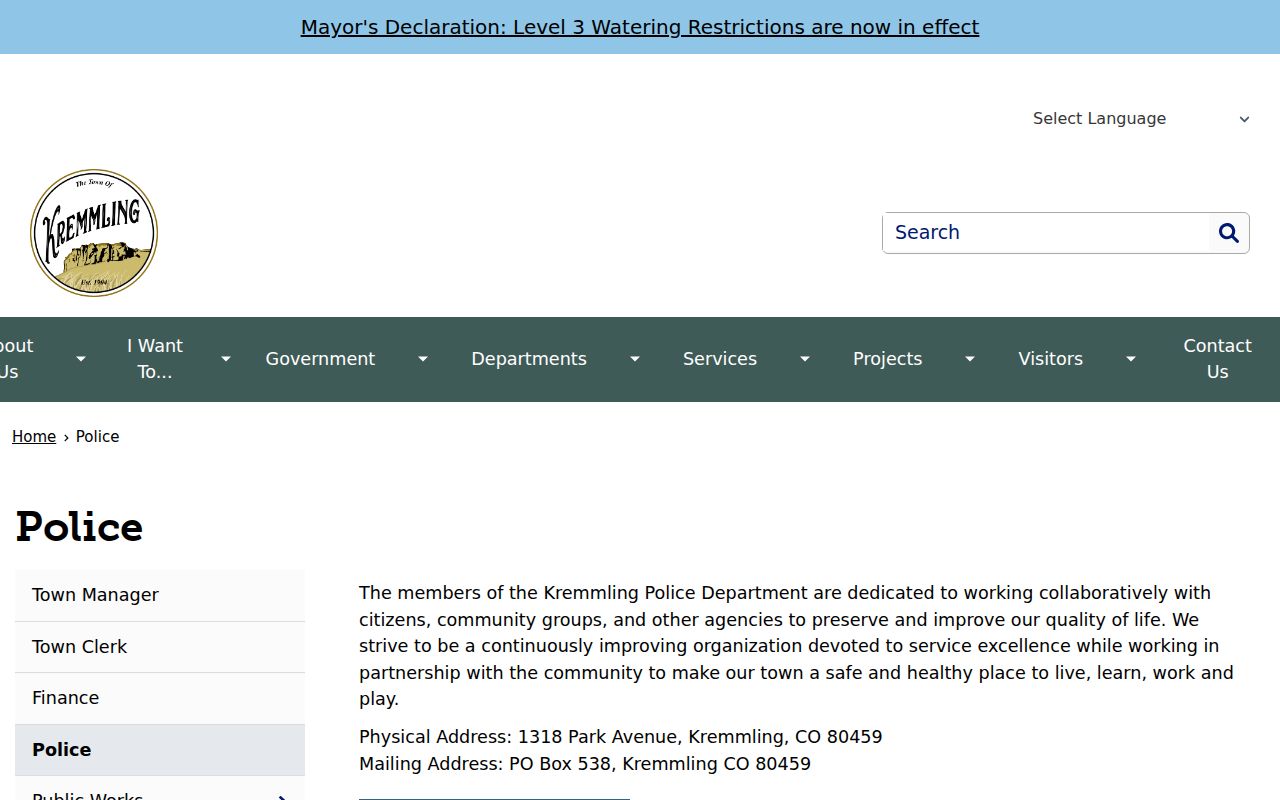 Official Kremmling Police page with records and dispatch contacts