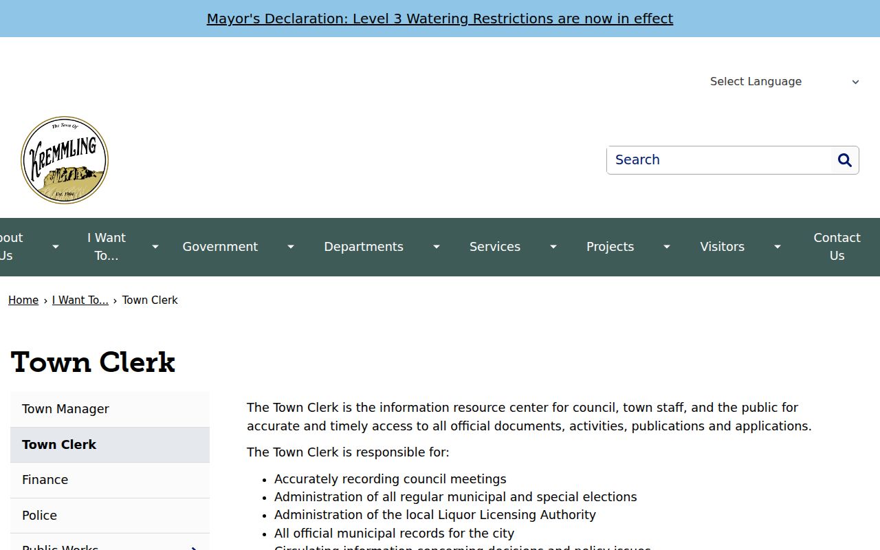 Kremmling Town Clerk page with CORA records request information