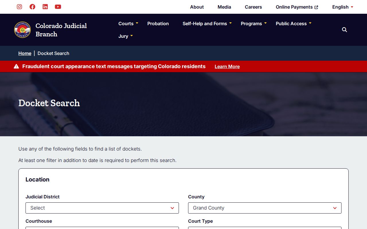 Colorado Judicial Branch county 25 docket search fields for Grand County warrant records