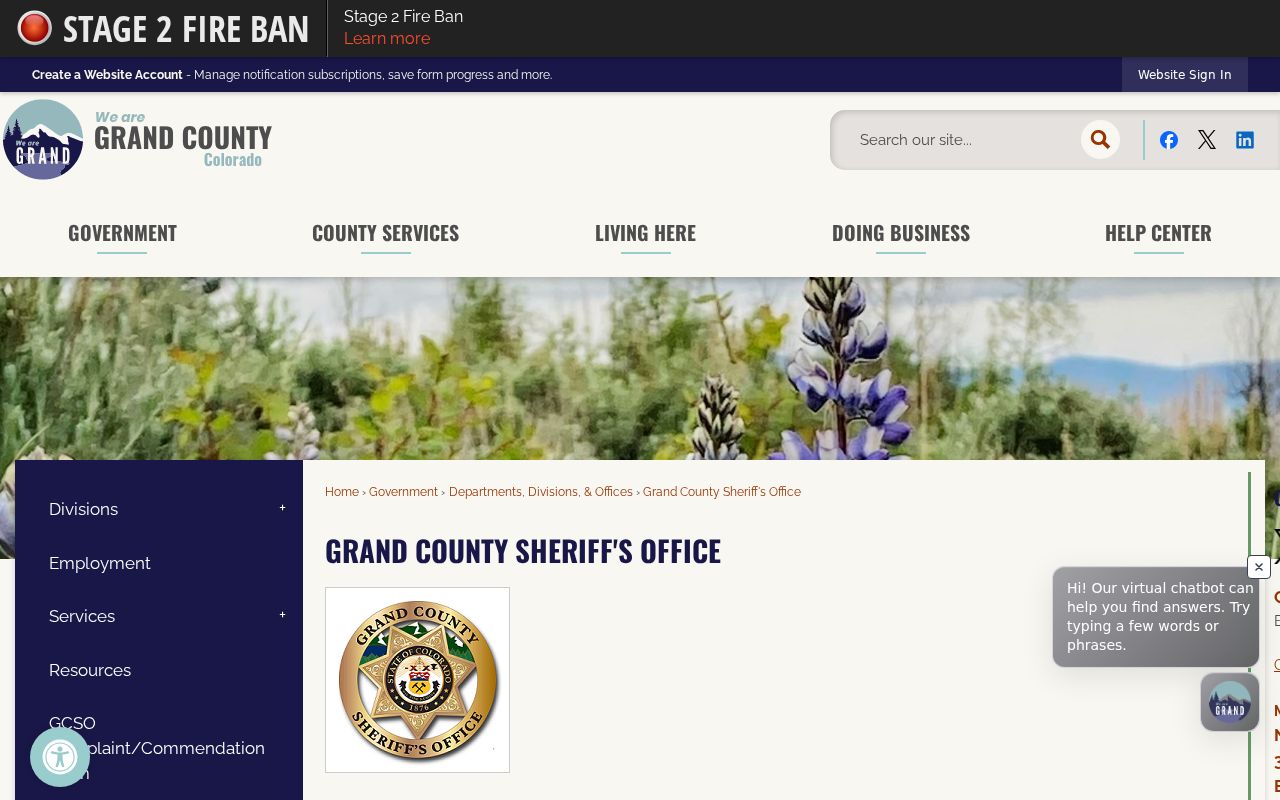 Grand County Sheriff's Office page without a public warrant roster