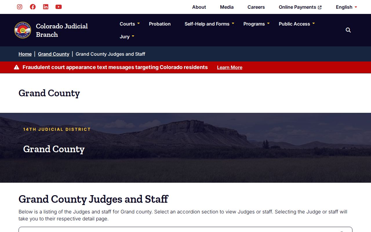 Grand County court staff and clerk contact page for warrant case confirmation