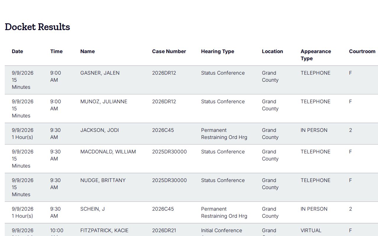 Grand County printable docket event layout used to interpret warrant-related hearings